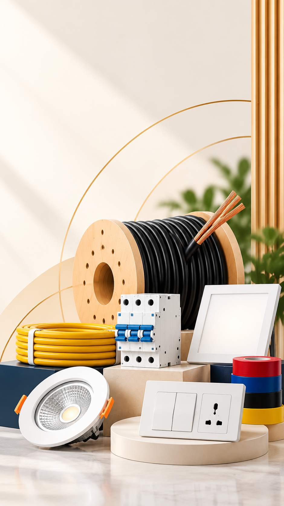 Electrical cables, circuit breakers, switches and lighting products
